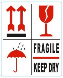 Waarschuwingsetiketten 97 x 79 mm 4 symbolen pijlen, glas, paraplu, fragile